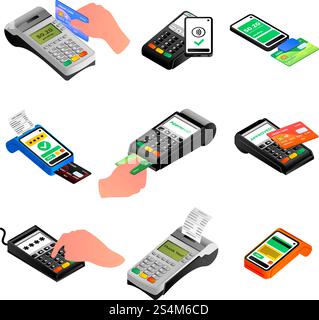 Bank terminal icons set. Isometric set of bank terminal vector icons for web design isolated on white background. Bank terminal icons set, isometric style Stock Vector