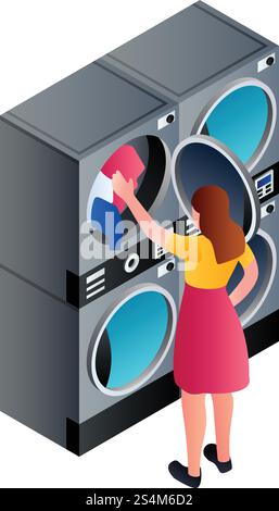 Woman at laundry service icon. Isometric of woman at laundry service vector icon for web design isolated on white background. Woman at laundry service icon, isometric style Stock Vector