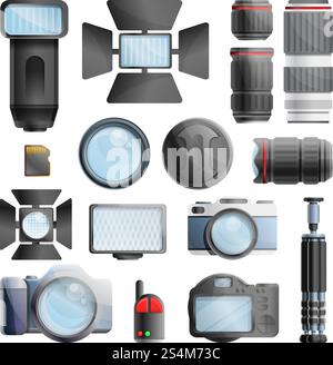 Photographer equipment icons set. Cartoon set of photographer equipment vector icons for web design. Photographer equipment icons set, cartoon style Stock Vector