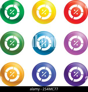 Chart pie icons vector 9 color set isolated on white background for any web design . Chart pie icons set vector Stock Vector