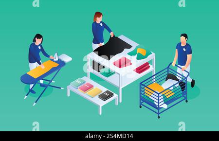 Laundry work service room banner. Isometric illustration of laundry work service room vector banner for web design. Laundry work service room banner, isometric style Stock Vector