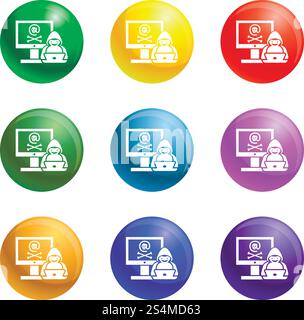Hacked computer icons vector 9 color set isolated on white background for any web design . Hacked computer icons set vector Stock Vector