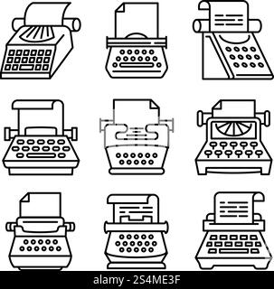 Typewriter icons set. Outline set of typewriter vector icons for web design isolated on white background. Typewriter icons set, outline style Stock Vector