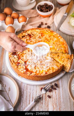 Homemade roasting apple cake with almonds and pudding filling with raisins Stock Photo