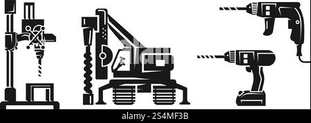 Drilling machine icons set. Simple set of drilling machine vector icons for web design on white background. Drilling machine icons set, simple style Stock Vector