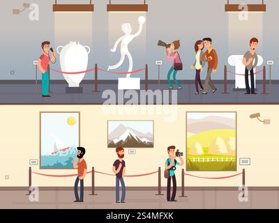 Museum interiors with visitors looking at exhibits vector illustration. Gallery tour and culture museum, exhibit interior artistic. Museum interiors with visitors looking at exhibits vector illustration Stock Vector