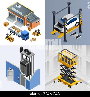 Lifting machine banner set. Isometric set of lifting machine vector banner for web design. Lifting machine banner set, isometric style Stock Vector