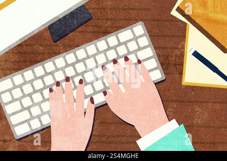 A creative illustration of hands with painted nails typing on a white keyboard, set on a wooden desk with office accessories Perfect for business, pro Stock Photo