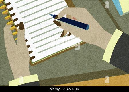 A person writes in a notebook using a pen, focusing intently on the task The setting is a workspace, highlighting a productive moment during the day Stock Photo