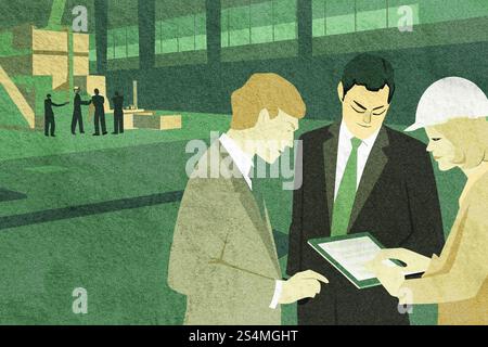 Three professionals consult over a tablet in a warehouse, surrounded by stacks of boxes Colleagues can be seen discussing logistics in the background Stock Photo