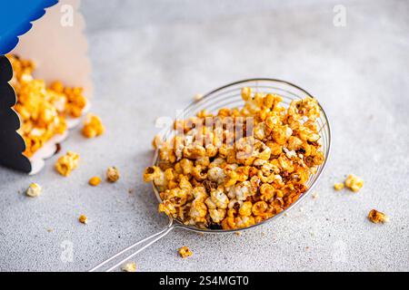 Top view of sweet caramel popcorn served in a transparent bowl on a textured gray background. The delicious snack is scattered around with focus on it Stock Photo