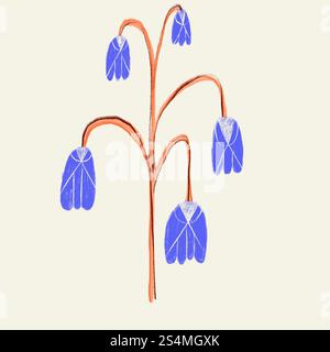 A stylized, minimalist illustration of blue spring flowers with a distinctive orange stem, presented against a soft cream background. Stock Photo