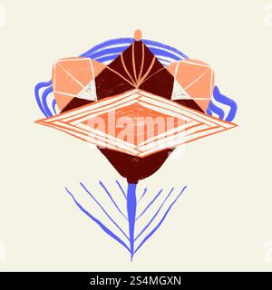 A unique illustration featuring a vibrant, organic geometric composition. Central elements include overlapping shapes and lines in a palette of orange Stock Photo
