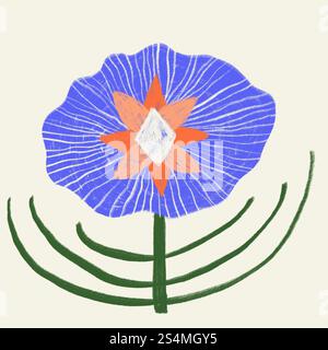 A vivid digital illustration of a spring flower, featuring a large blue petal with textured lines and a bright orange center, set against a muted back Stock Photo