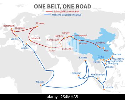 One belt - one road chinese modern silk road. Economic transport way on world map vector illustration. Transit roadmap, shipping european and eurasia distant. One belt - one road chinese modern silk road. Economic transport way on world map vector illustration Stock Vector