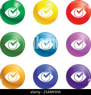 Check eye list icons vector 9 color set isolated on white background for any web design . Check eye list icons set vector Stock Vector