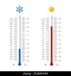 Hot and cold weather temperature symbols. Meteorology thermometers with celsius and fahrenheit scale vector illustration. Thermometer fahrenheit and celsius degree measurement. Hot and cold weather temperature symbols. Meteorology thermometers with celsius and fahrenheit scale vector illustration Stock Vector