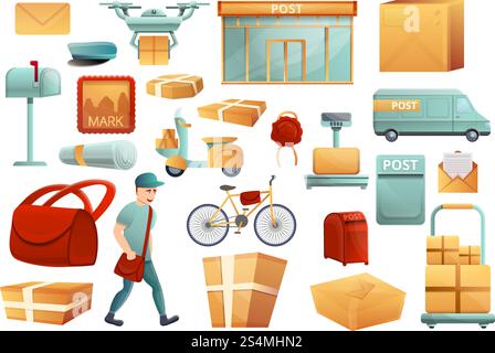 Postman icons set. Cartoon set of postman vector icons for web design. Postman icons set, cartoon style Stock Vector