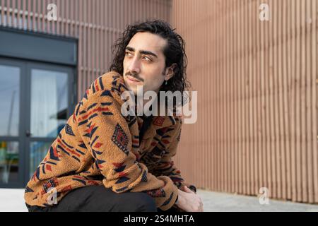 A man with long hair and a mustache sits outdoors, wearing a warm, patterned jacket He gazes thoughtfully into the distance, embodying a relaxed, styl Stock Photo