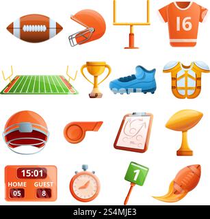 American football equipment icons set. Cartoon set of american football equipment vector icons for web design. American football equipment icons set, cartoon style Stock Vector