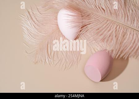 Aesthetic composition featuring two pink cosmetic sponges nestled on a soft beige surface surrounded by light pink feathers, evoking a sense of elegan Stock Photo