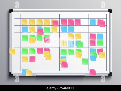 Meeting white board with color stickers. Scrum task board with sticky notes of daily plan vector illustration. Sticker board for planning teamwork. Meeting white board with color stickers. Scrum task board with sticky notes of daily plan vector illustration Stock Vector