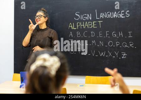 A sign language instructor demonstrates letters from the alphabet on a blackboard in a classroom setting Students engage by practicing signs in a brig Stock Photo