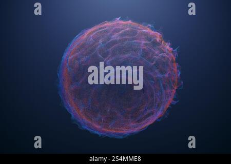 This digital artwork showcases an abstract 3D representation of particles forming a dynamic sphere Its vibrant colors and flowing shapes create a mesm Stock Photo