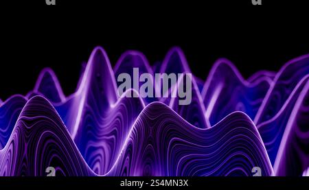 An artistic 3D-rendered image displaying flowing waves in various shades of purple against a dark backdrop, ideal for creative or modern design backgr Stock Photo