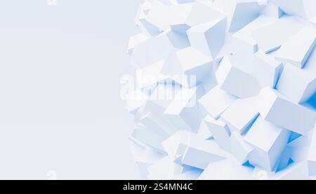 An engaging abstract 3D render featuring an explosion of geometric white cubes against a serene blue background Stock Photo