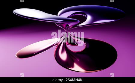 An intriguing 3D-rendered image featuring abstract liquid shapes intertwined, highlighted by a vibrant purple backdrop. The shapes' reflective surface Stock Photo