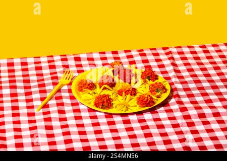 A vibrant arrangement on a red and white checkered cloth featuring a yellow plate with bright yellow flowers and red blossoms, complemented by a match Stock Photo