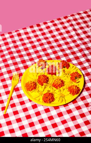 A vibrant floral arrangement with yellow and orange flowers on a yellow plate, placed on a red and white checkered tablecloth against a pink backdrop, Stock Photo