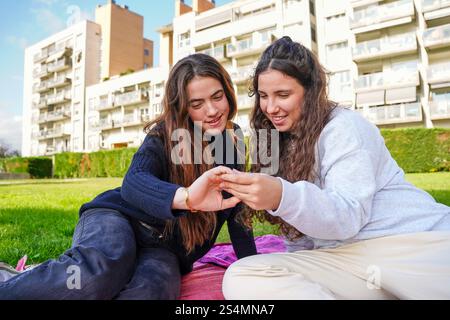 A loving LGBTQ+ young women couple sits on a picnic blanket in a grassy urban park, smiling as they affectionately engage with each other, with apartm Stock Photo