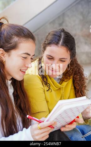 Two friends share a moment of study and collaboration, sitting closely while looking at a notebook Their lively conversation suggests teamwork and lea Stock Photo