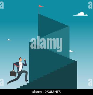 Professional man running up stairway to mountain peak. Business sucess ...