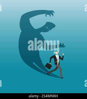 Scared businessman running away in panic from own shadow. Anxiety and conflict vector business concept. Illustration of businessman in panic and run. Scared businessman running away in panic from own shadow. Anxiety and conflict vector business concept Stock Vector