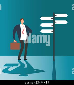 Confused businessman thinking and making choice at road sign. Business opportunity and future solution vector concept. Illustration of businessman direction road choose and decision. Confused businessman thinking and making choice at road sign. Business opportunity and future solution vector concept Stock Vector