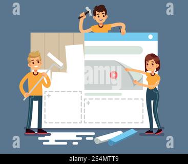 Website development with developers creating content. Web construction vector concept. Illustration of interface development project, web page content. Website development with developers creating content. Web construction vector concept Stock Vector