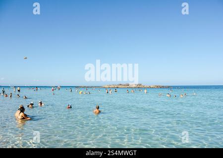 Protaras, Cyprus. January 13, 2025. People spending time on Fig Tree Beach in Protaras, Cyprus Stock Photo