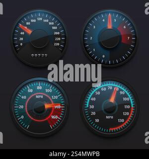 Futuristic car speedometers, speed indicators with pointer for vehicle dashboard isolated vector set. Illustration of speedometer on dashboard, speed measurement pointer. Futuristic car speedometers, speed indicators with pointer for vehicle dashboard isolated vector set Stock Vector
