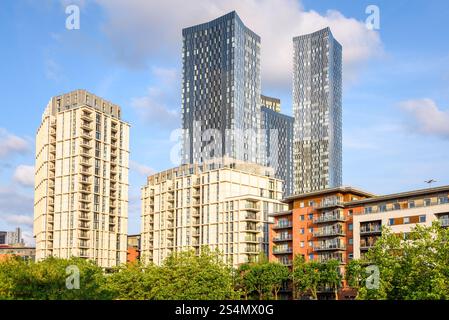 Modern apartment blocks and towers on a sunny summer day Stock Photo