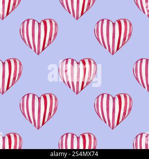Charming pattern of striped pink hearts, arranged in a repeating design. Watercolor technique enhances the gentle and romantic feel, for Valentine Day Stock Photo