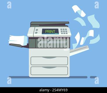 Professional office copier, multifunction printer printing paper documents isolated vector illustration. Printer and copier machine for office work. Professional office copier, multifunction printer printing paper documents isolated vector illustration Stock Vector