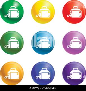 Metal lunch box icons vector 9 color set isolated on white background for any web design . Metal lunch box icons set vector Stock Vector