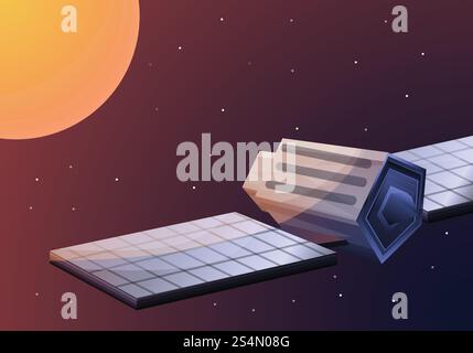 Satellite in space concept banner. Cartoon illustration of satellite in space vector concept banner for web design. Satellite in space concept banner, cartoon style Stock Vector