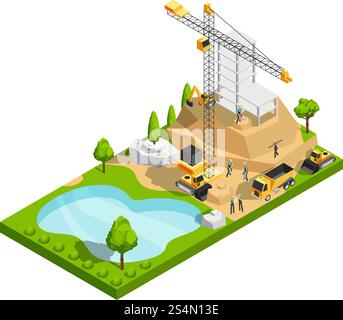 Commercial building construction 3d isometric vector concept for architecture site design. Construction site isometric graphic, 3d building house with park and pond illustration. Commercial building construction 3d isometric vector concept for architecture site design Stock Vector