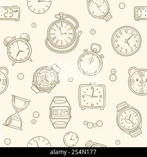 Vintage hand drawn clocks and watches. Time vector seamless pattern. Illustration of clock drawing, time seamless pattern. Vintage hand drawn clocks and watches. Time vector seamless pattern Stock Vector