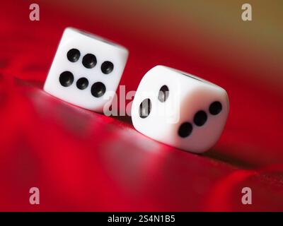 Two white plastic dice on a red table Stock Photo