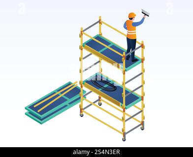 Worker putty on scaffold banner. Isometric illustration of worker putty on scaffold vector banner for web design. Worker putty on scaffold banner, isometric style Stock Vector